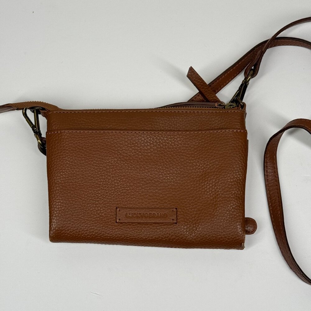 Lucky Brand Crossbody Bag Brown Leather Pebbled Adjustable Strap Multi Pocket